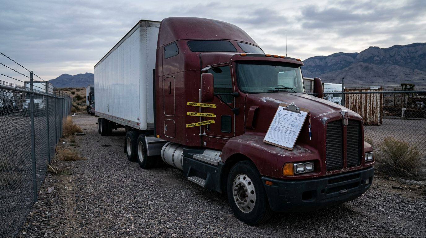 Un camión tractor-remolque estacionado en un depósito vallado al amanecer, con cinta de evidencia en la puerta de la cabina.