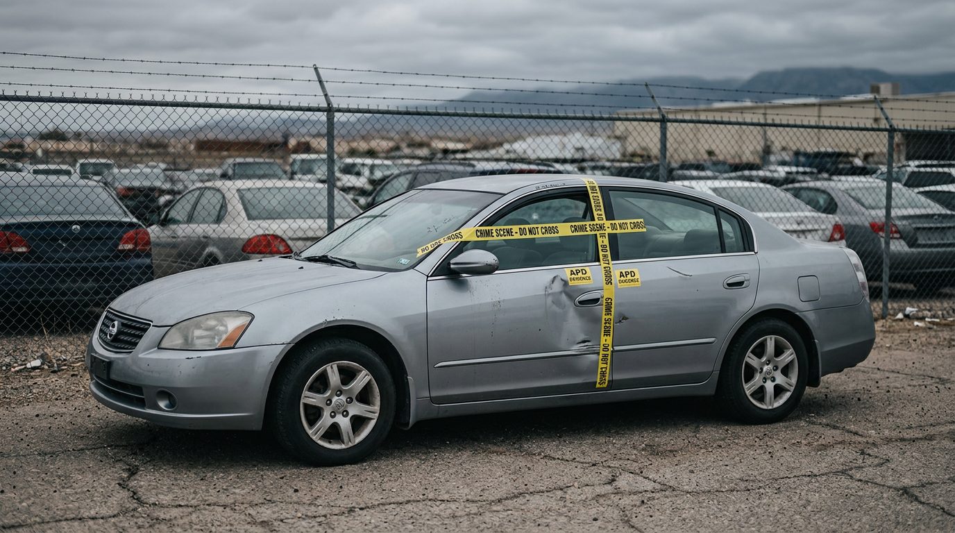 A sedan in a police impound lot, its driver's door sealed with evidence tape under overcast light.