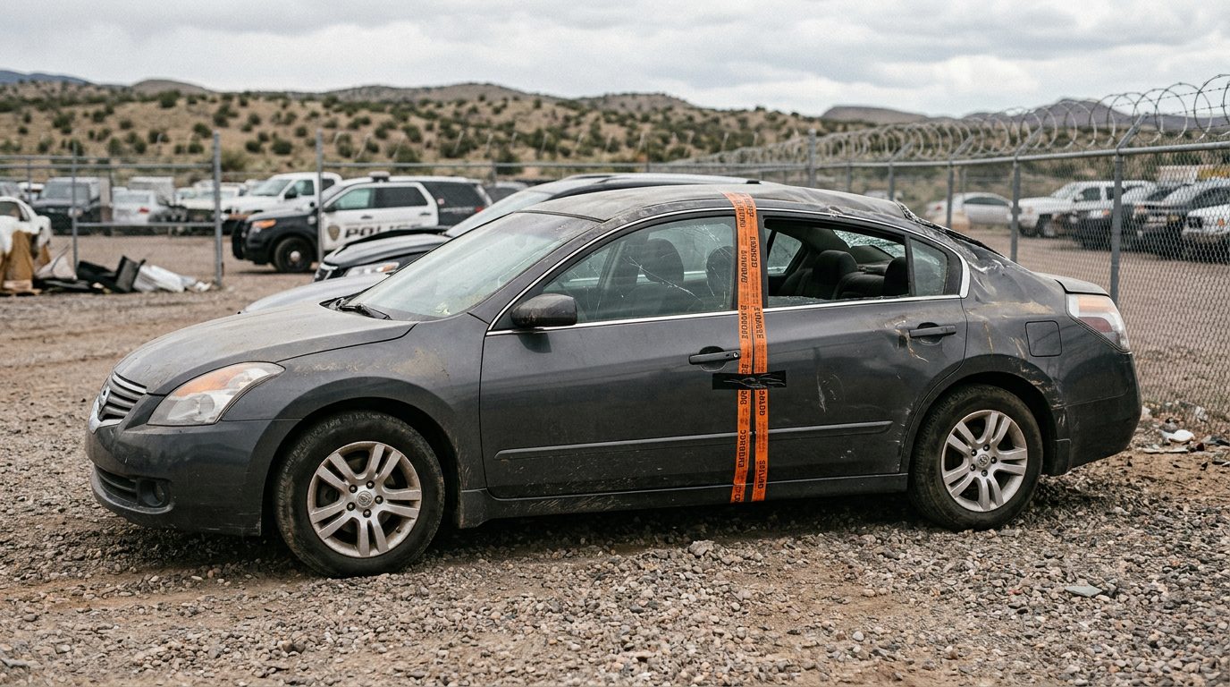 Un sedán con la puerta del conductor sellada con cinta de evidencia, estacionado en un depósito policial bajo luz nublada.