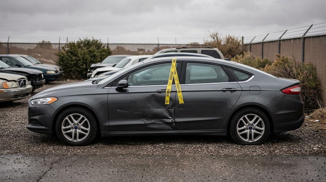 A sedan with its driver's door sealed by evidence tape sits in a police impound lot under flat overcast light.
