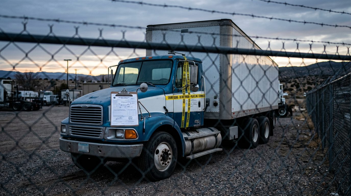 Un tráiler estacionado al amanecer en un depósito vallado, con la puerta de la cabina sellada con cinta de evidencia y un formulario de inspección