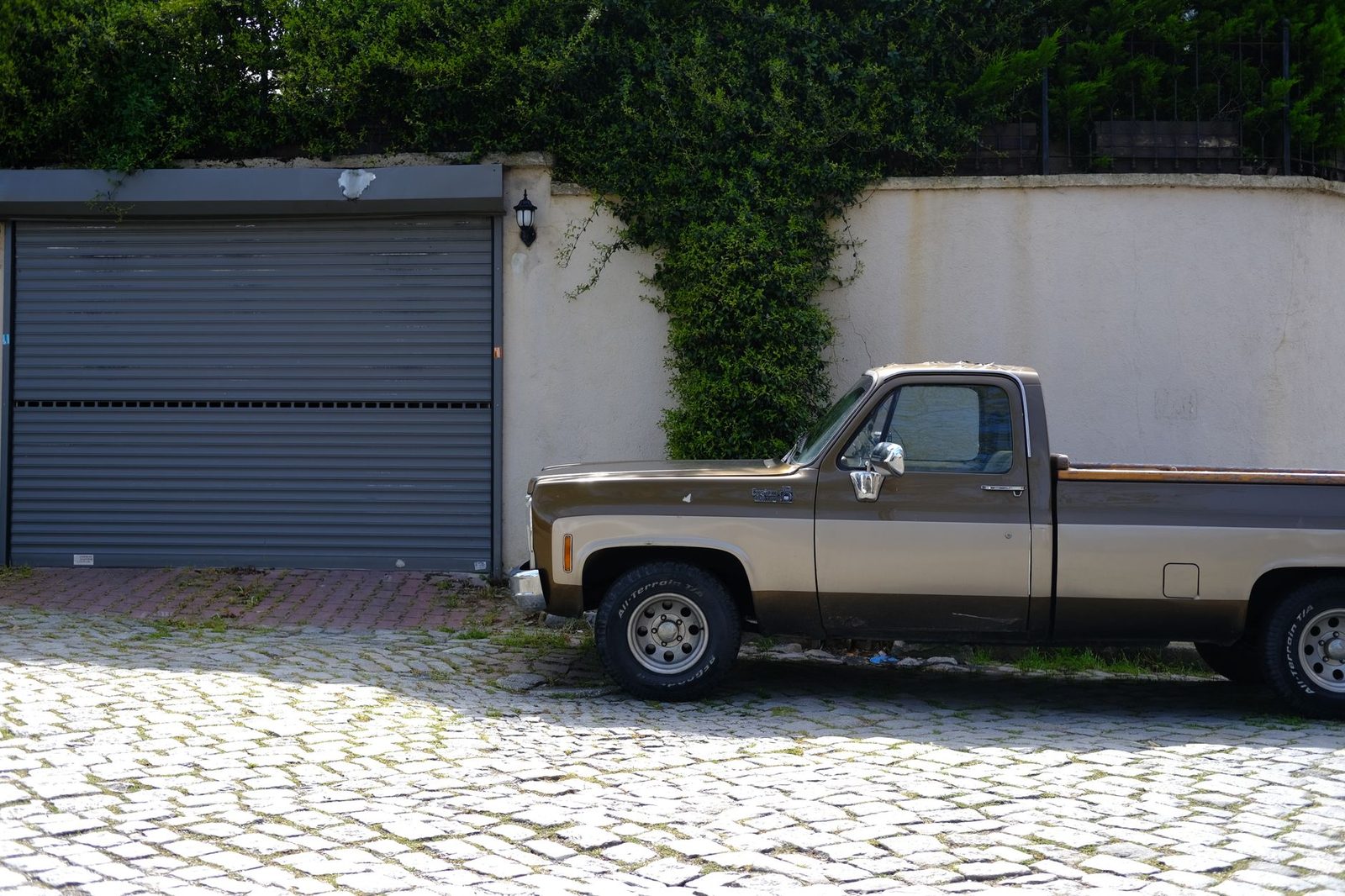 Camioneta marrón vintage estacionada frente a un garaje de barrio rodeado de vegetación.