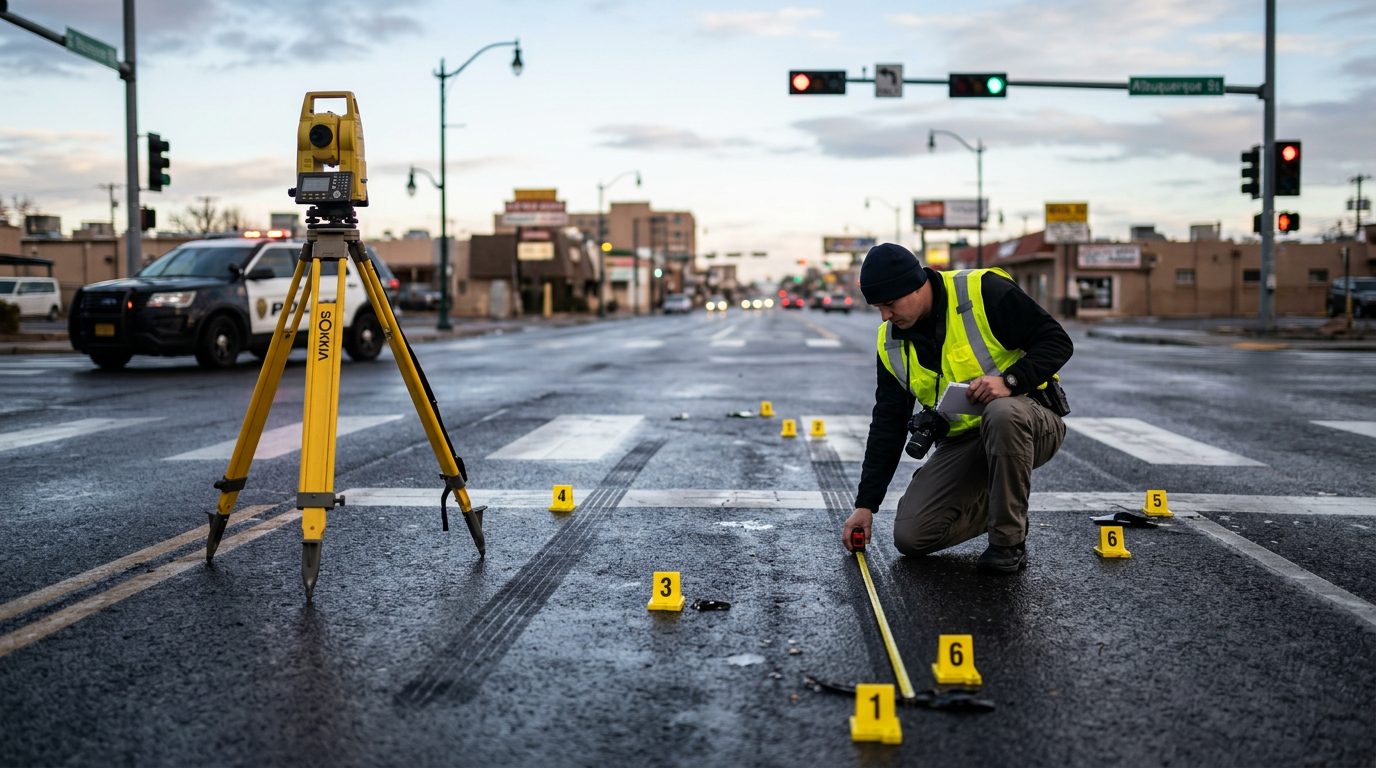 An accident reconstruction investigator measures skid marks on a wet intersection at dawn, with a total station and yellow evidence markers.
