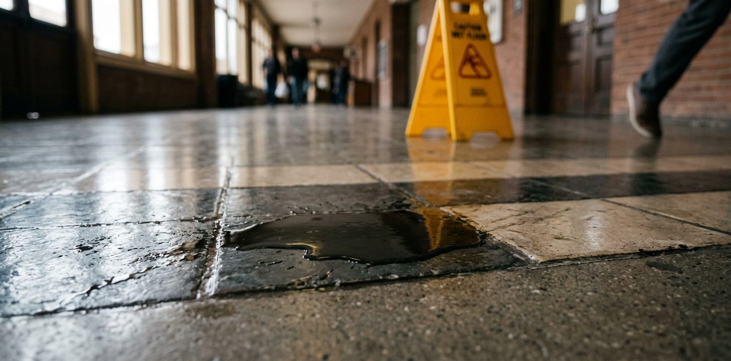 Close-up of a wet, unmarked tile floor in an Albuquerque store entrance, with no warning sign posted nearby.