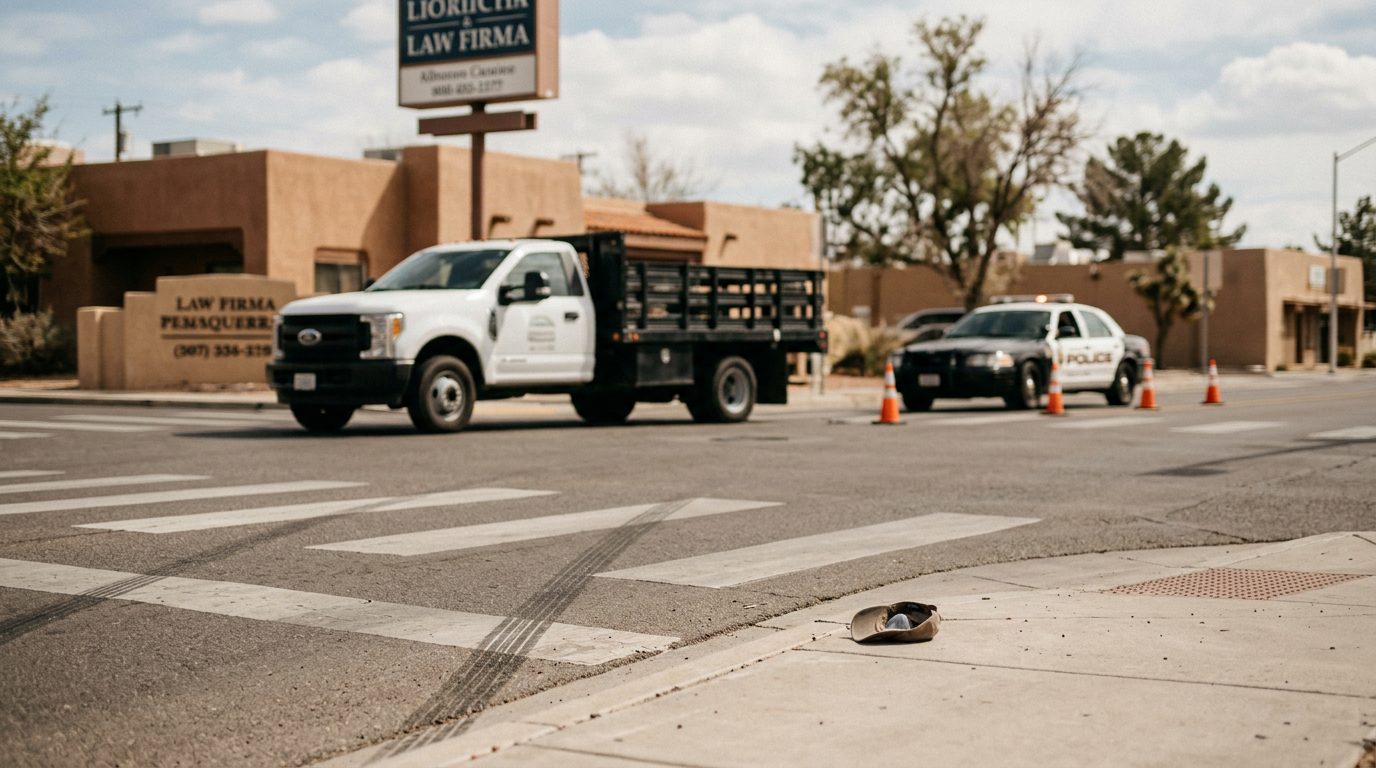 Close view of an Albuquerque street crosswalk with a truck parked along the curb, and no people visible.