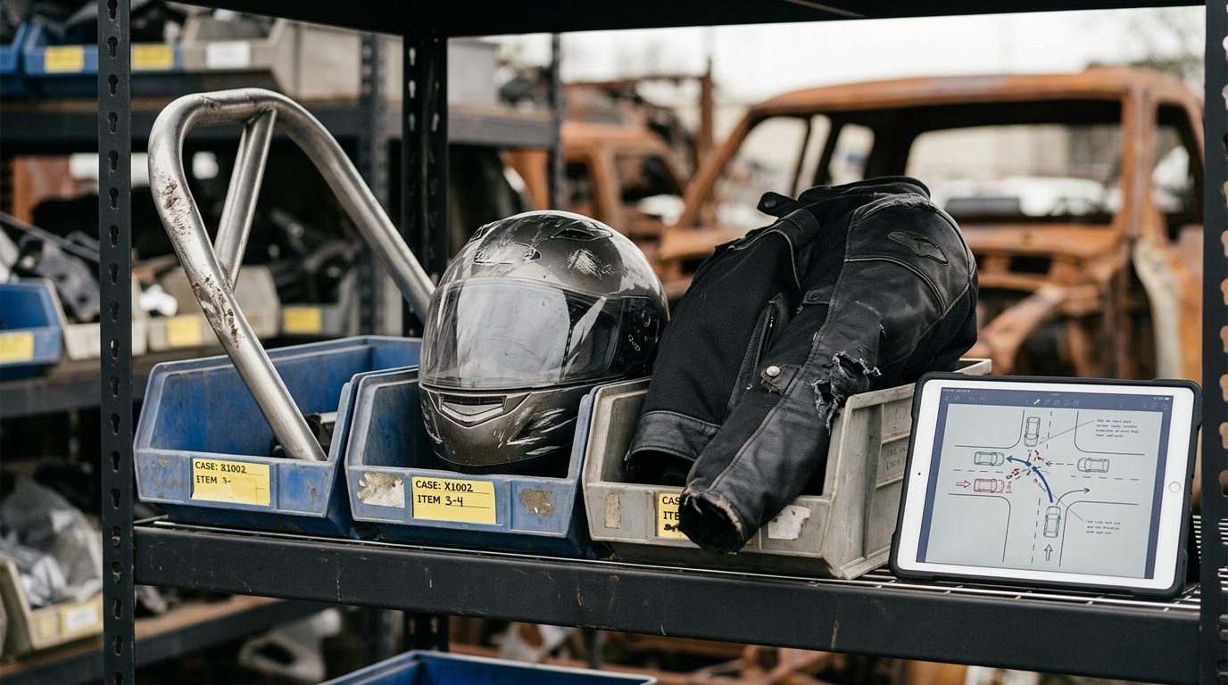 Casco rayado, chaqueta de motociclista rasgada y barra antivuelco abollada en cajas de evidencia etiquetadas sobre una estantería de un depósito de