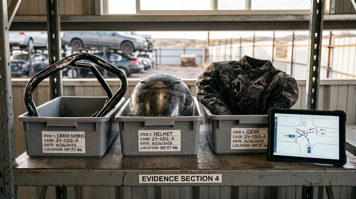 Dented motorcycle roll bar, scuffed helmet, and torn riding jacket in evidence bins on a shelf, with a crash diagram on a tablet beside them.