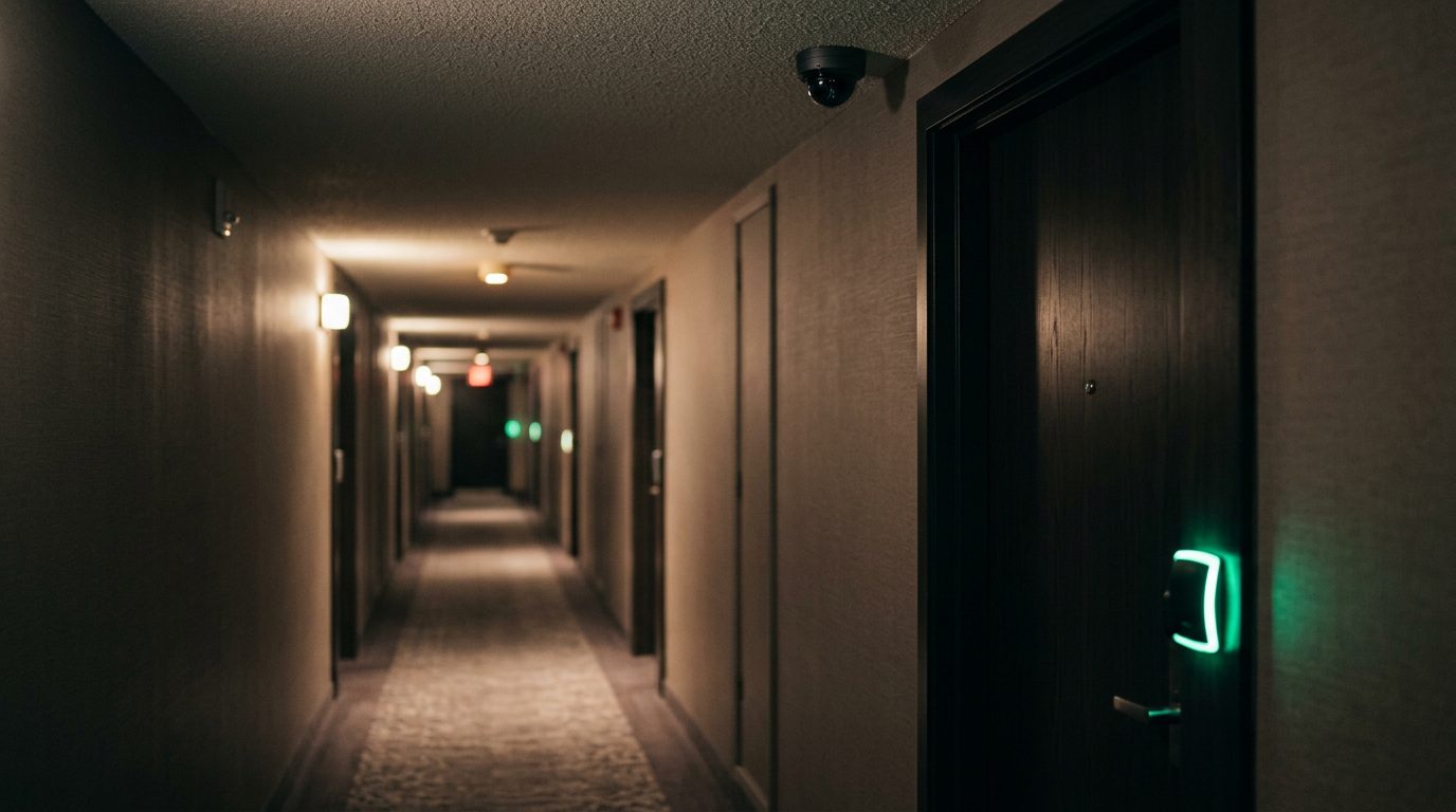Dim hotel corridor at night with a green keycard reader beside a closed door and a ceiling security camera.