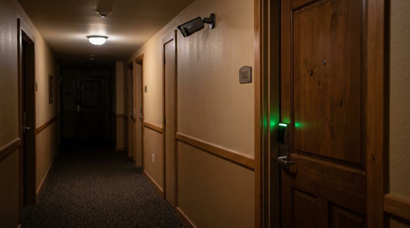 Dimly lit hotel hallway at night with a green-glowing keycard reader beside a closed door and a ceiling security camera.