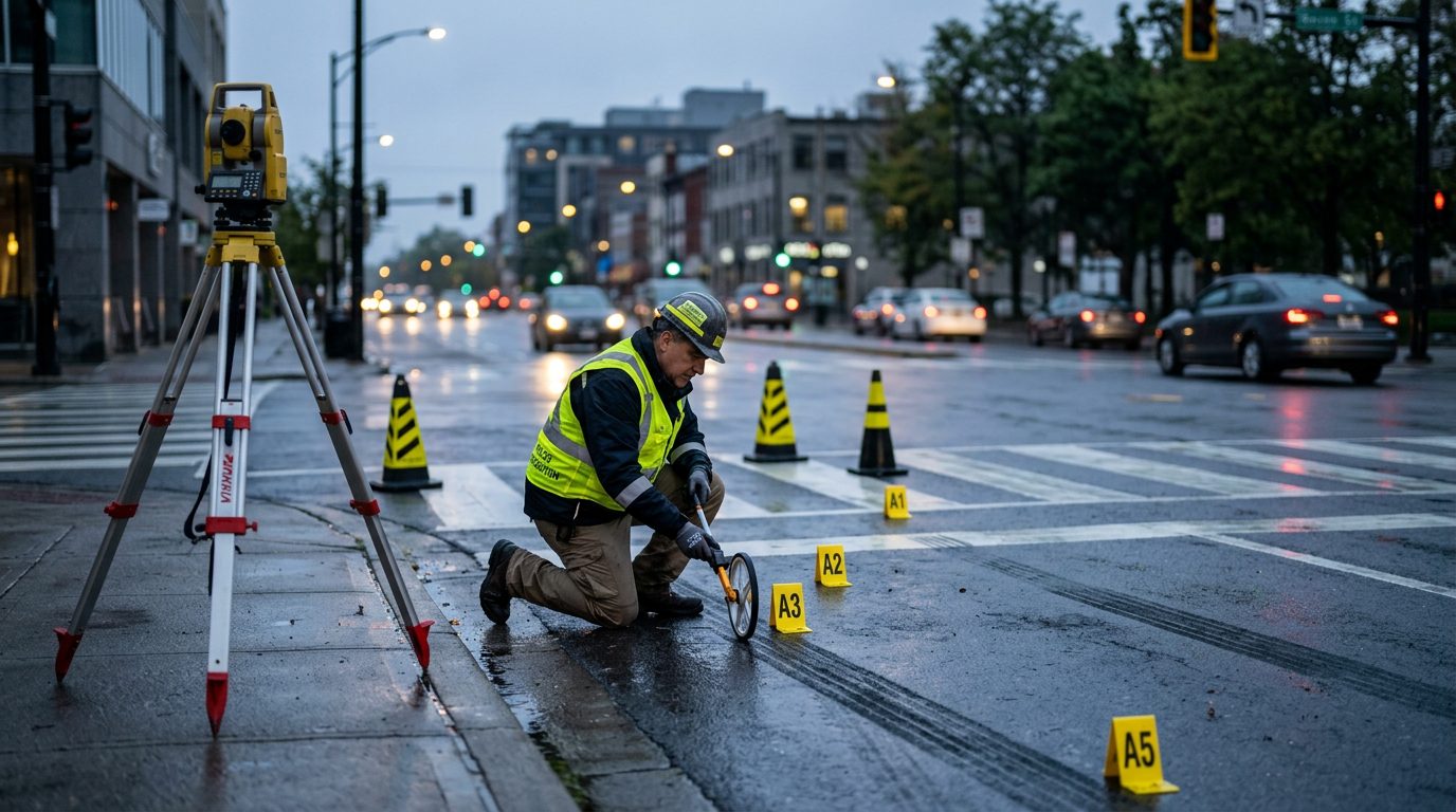 Investigator measures skid marks on a wet urban intersection at dawn, with a total station tripod and yellow evidence markers on the asphalt.
