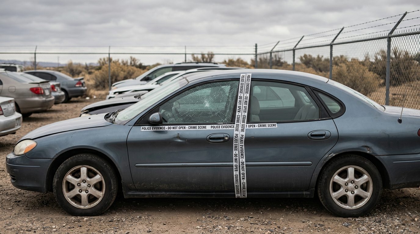 Police-retained sedan with its driver's door sealed by evidence tape in an overcast impound lot.