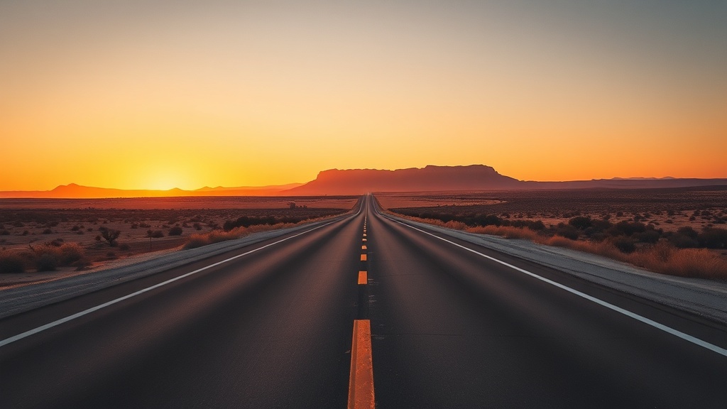 Empty rural New Mexico highway stretching toward horizon at sunset