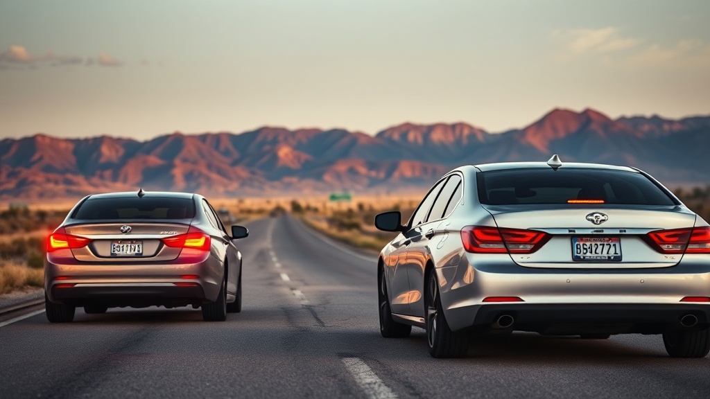Two cars after fender bender on New Mexico highway with Albuquerque skyline