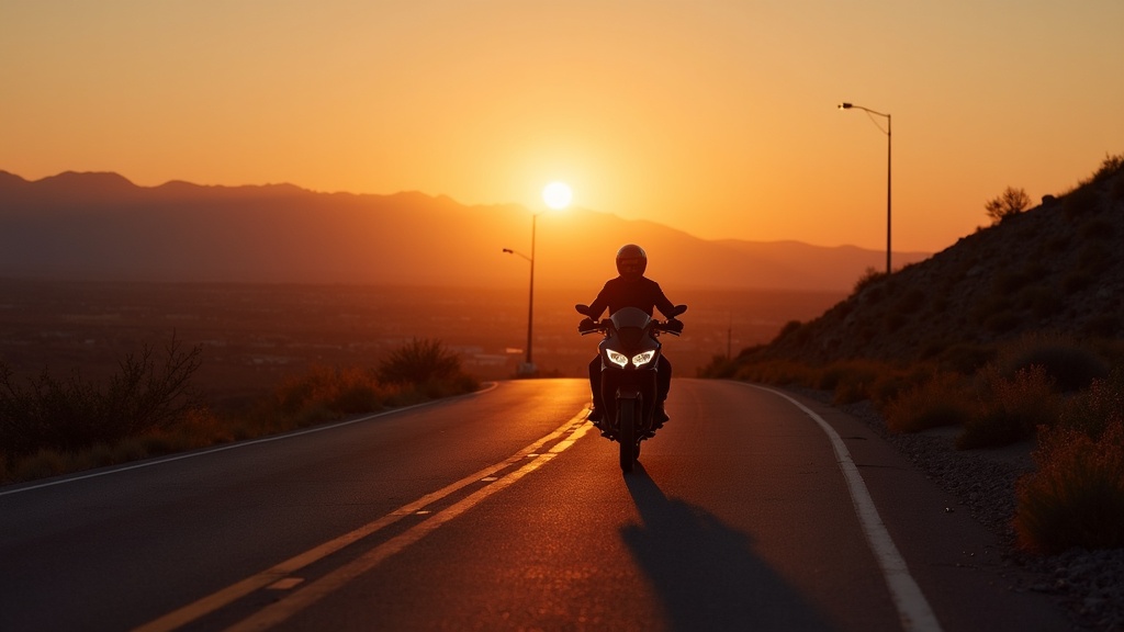 Albuquerque New Mexico mountain road motorcycle at sunset