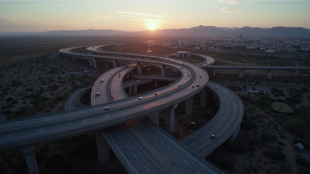 Stacked freeway interchange in Albuquerque, New Mexico at dusk
