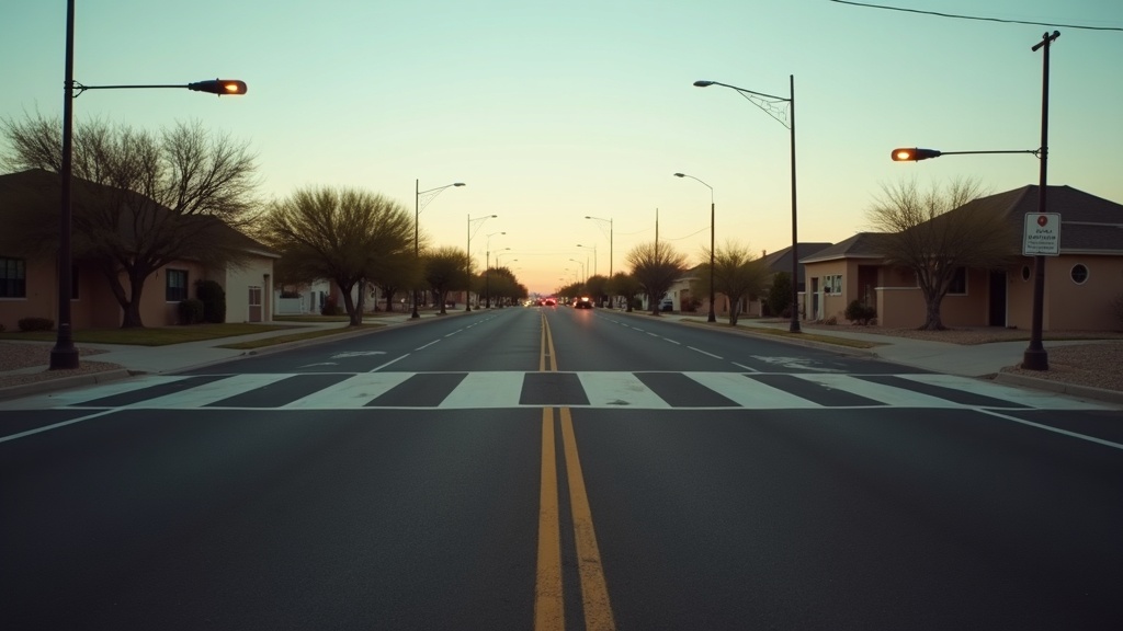 Cruce peatonal marcado en una avenida amplia de Albuquerque al atardecer