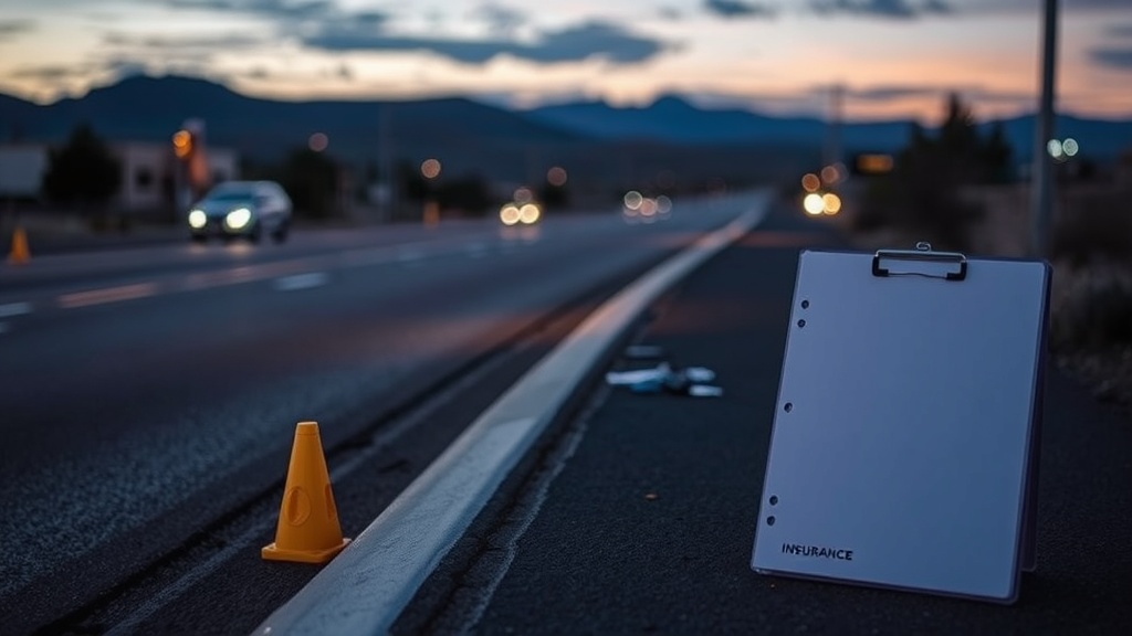 Text-free image of an Albuquerque road shoulder, damaged car, evidence markers, and insurance folder.