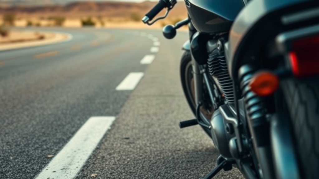 Imagen editorial de motocicleta cerca de carriles de tráfico en Nuevo México con carpeta legal, sin texto legible.