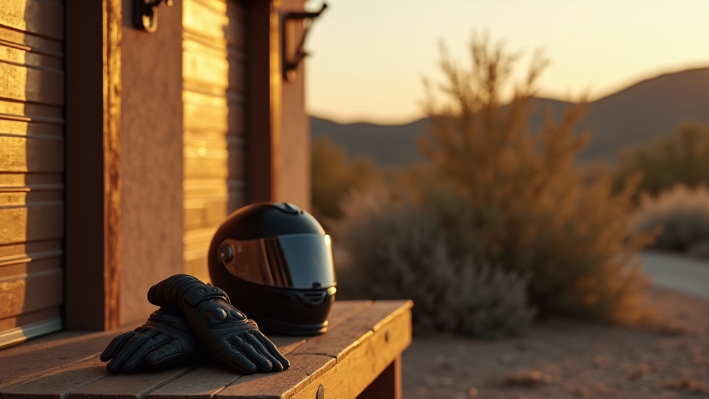 Motorcycle helmet and gloves on a bench, representing a New Mexico rider injury claim