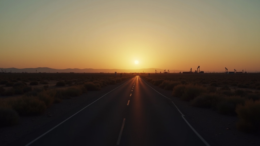 Two-lane oilfield highway in southeast New Mexico at dusk