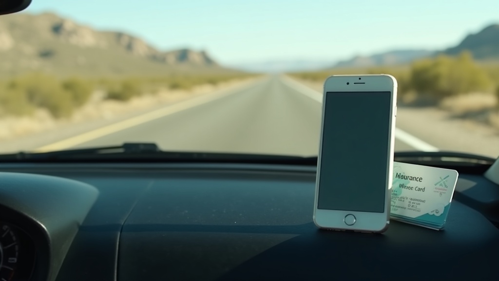 Teléfono sobre el tablero del carro junto a una tarjeta de seguro en Nuevo México