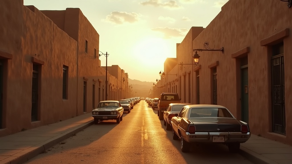 Narrow adobe-lined street in Santa Fe, New Mexico at golden hour