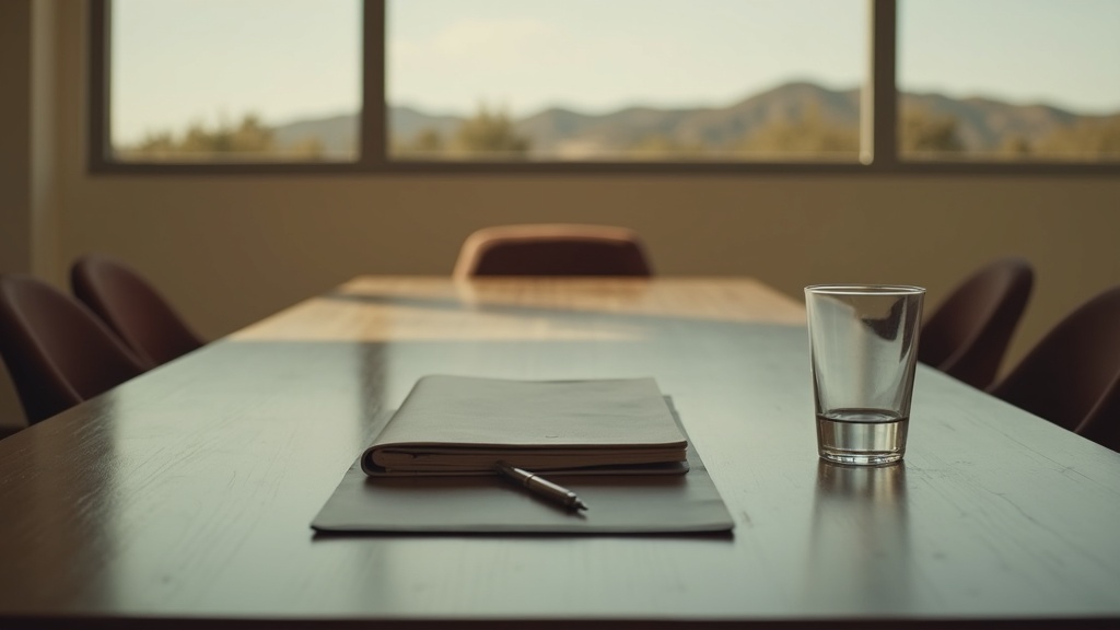 Mesa de reunión con carpeta y pluma para una consulta legal en Nuevo México