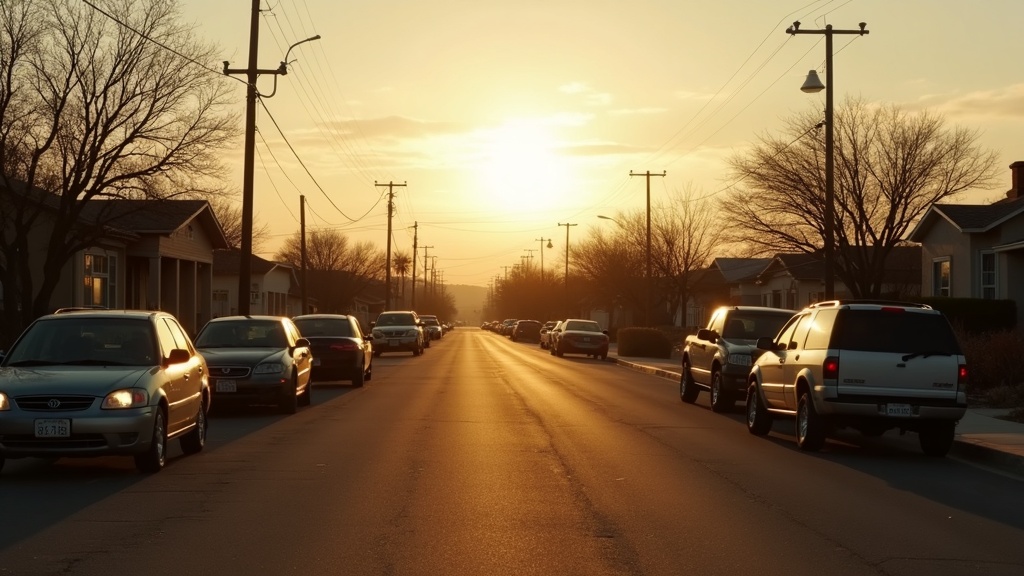 Calle residencial tranquila en Nuevo México al atardecer