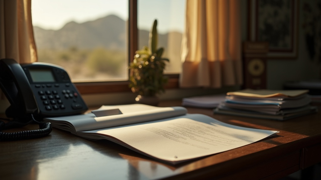 Closed claim folder and telephone on a desk