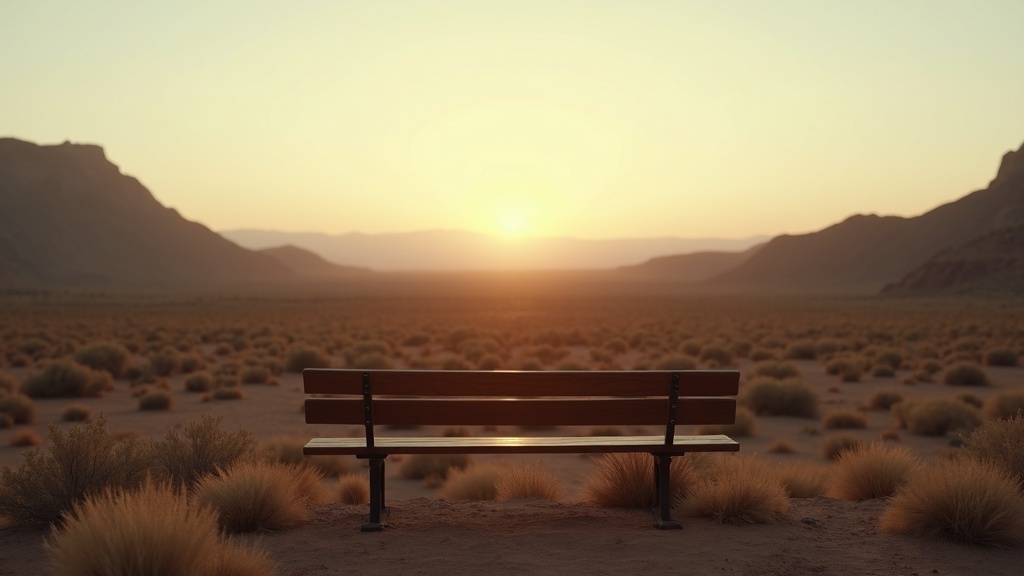 Empty bench overlooking a high desert valley at dawn
