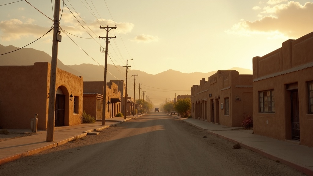 Calle de adobe al atardecer con montañas al fondo