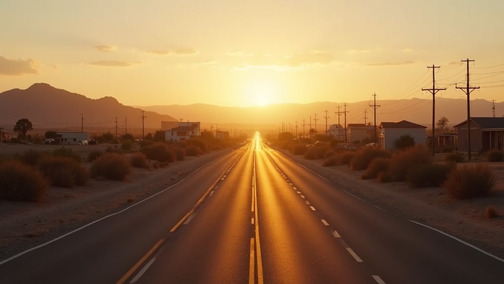 Avenida suburbana en Rio Rancho al atardecer
