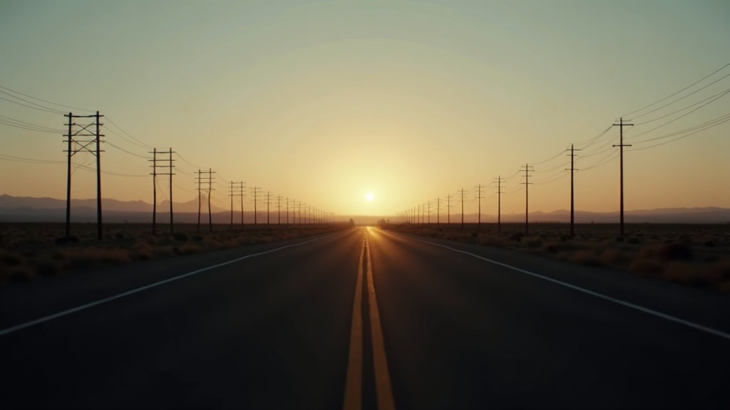 Carretera rural al atardecer en las llanuras del sureste