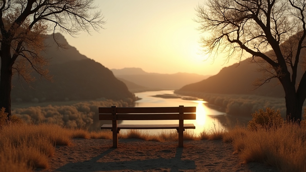 Banca vacía frente al valle al amanecer