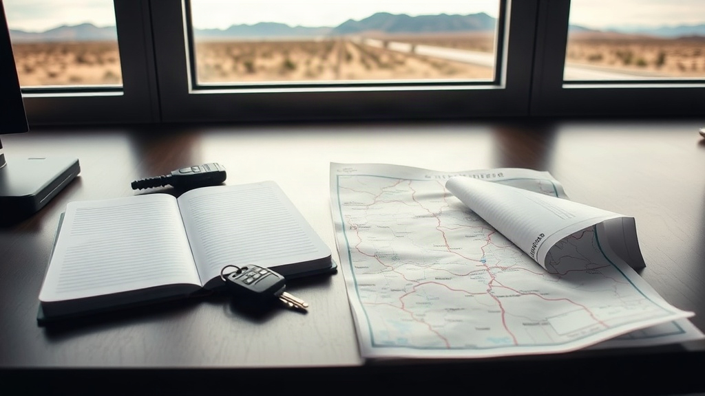 Notebook, car keys, and a blank folder beside a New Mexico roadway map for a crash-report request.
