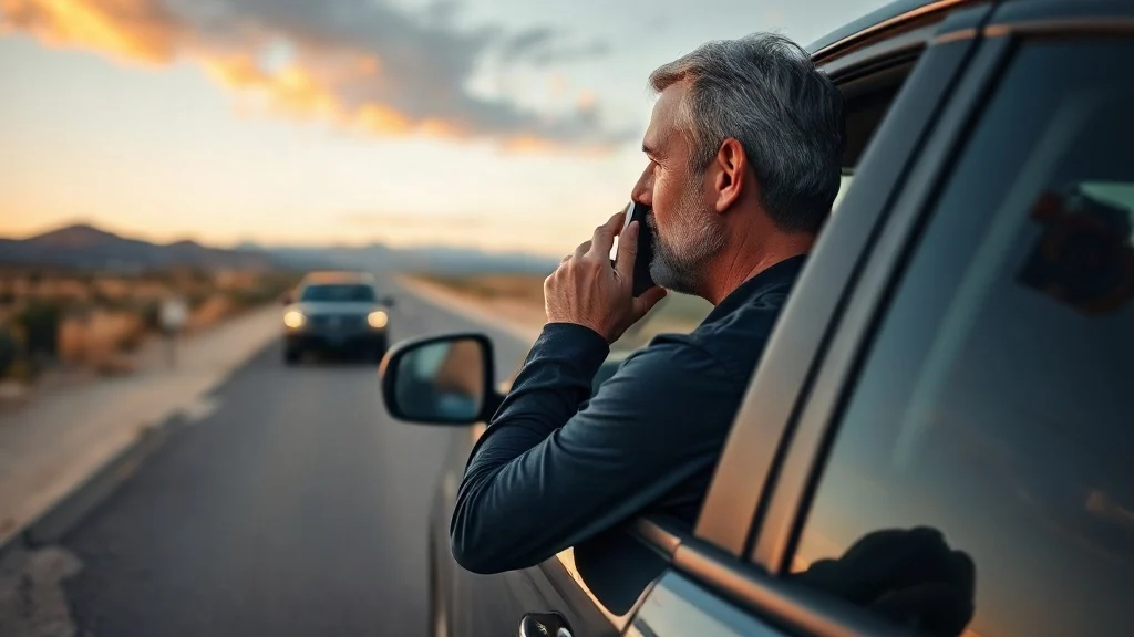 Editorial photograph of a driver making a phone call inside a parked car in New Mexico.