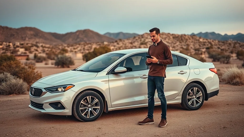 Editorial photograph of a driver beside a parked car in an Albuquerque desert setting.