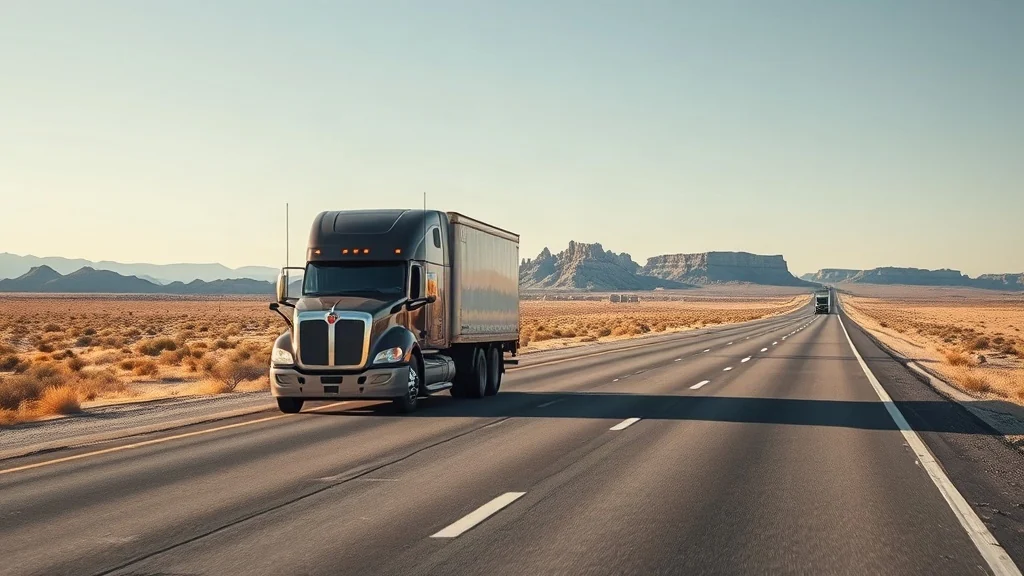Editorial photograph of a commercial truck traveling on a quiet New Mexico highway.