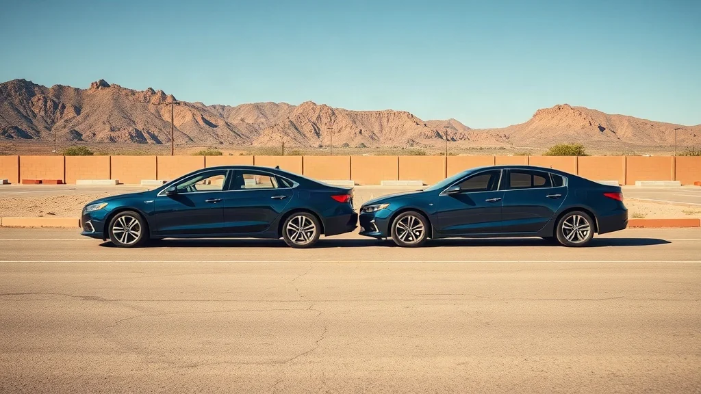 Editorial photograph of two unbranded cars safely stopped apart on a quiet New Mexico street.