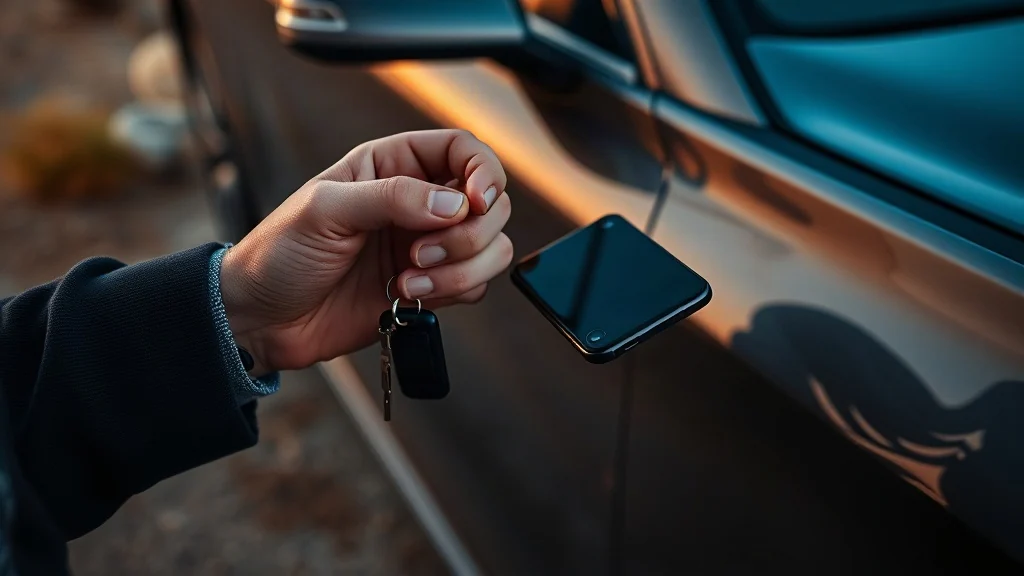 Fotografia editorial de manos con llaves y telefono junto a un auto estacionado en Albuquerque.