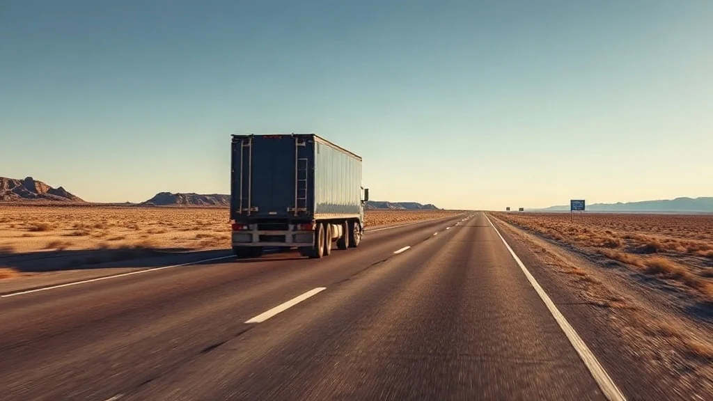 Fotografia editorial de un camion comercial en una carretera tranquila de Nuevo Mexico.