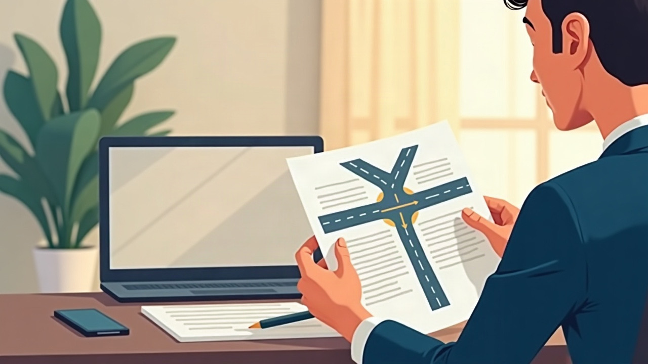 Illustration of a driver comparing a crash report with an intersection sketch