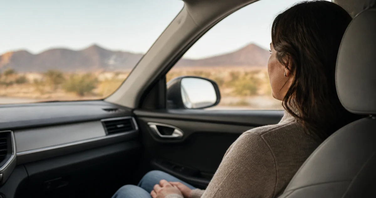 Editorial image of a passenger sitting quietly inside a parked car in New Mexico.